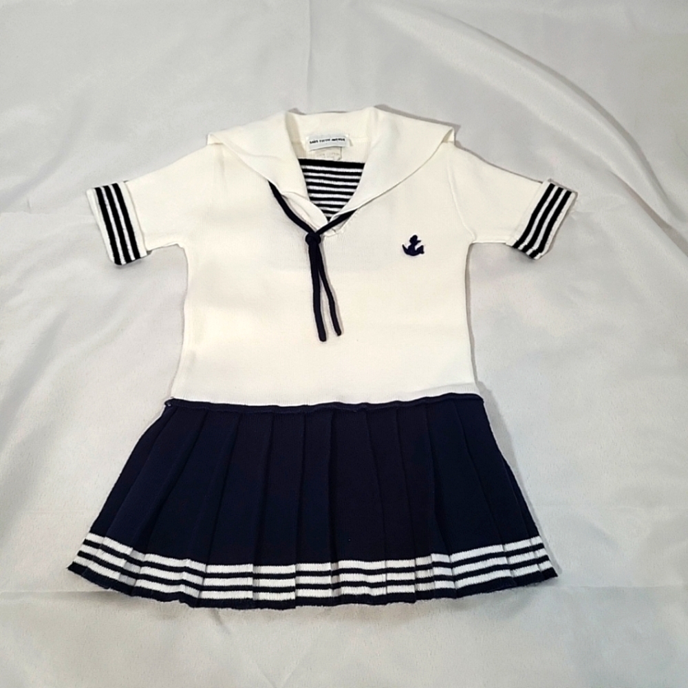 VTG Saks Fifth Avenue Baby Nautical Salior Dress Stripe Pleated 100% Cotton 18M